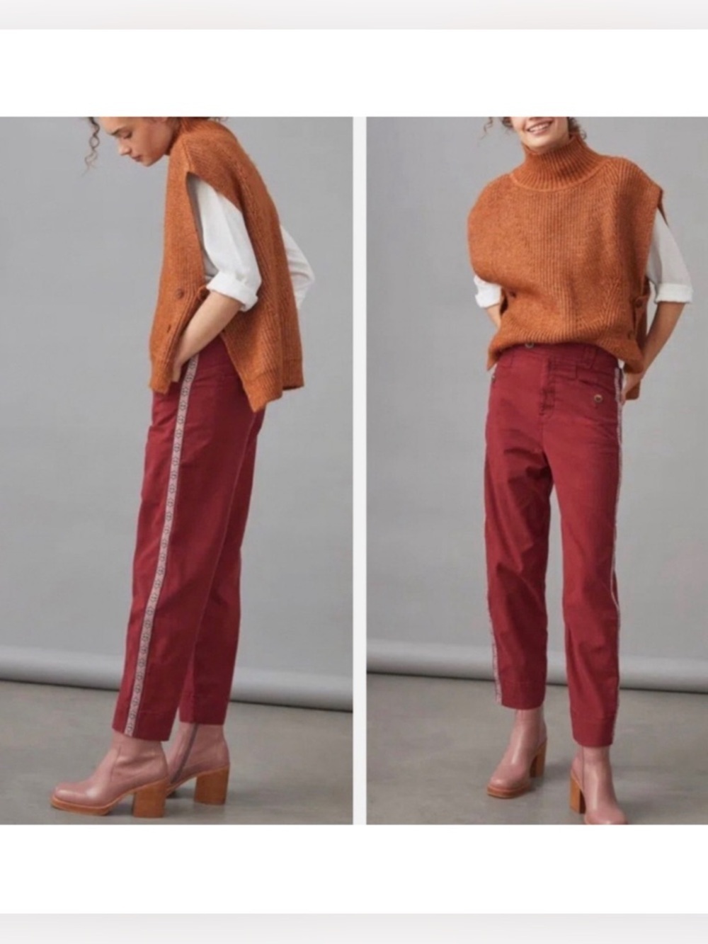 Anthropologie Women’s Maroon Tapered Leg Embroidered Stripe Chino Pants …